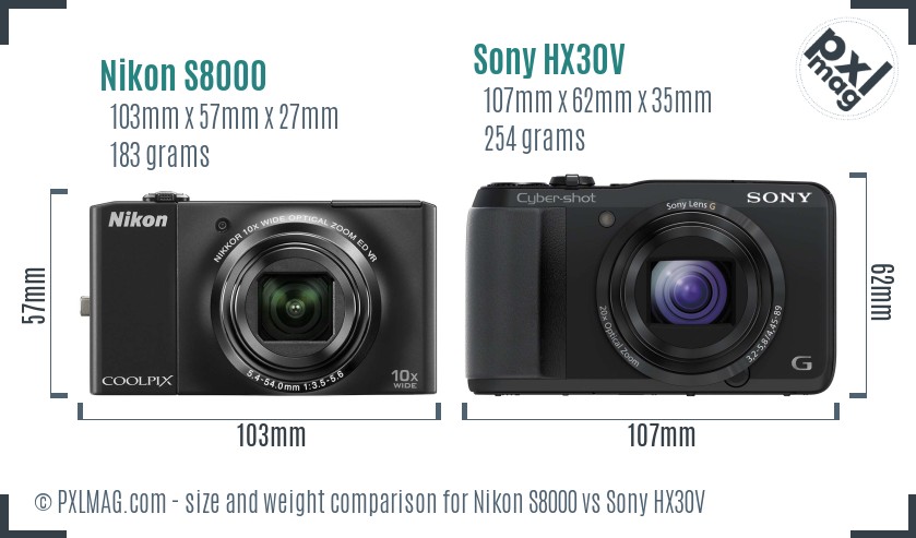 Nikon S8000 vs Sony HX30V size comparison