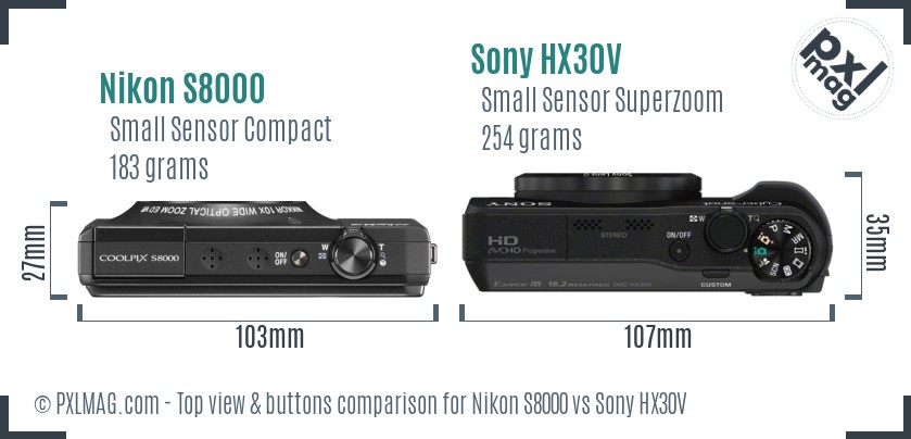 Nikon S8000 vs Sony HX30V top view buttons comparison