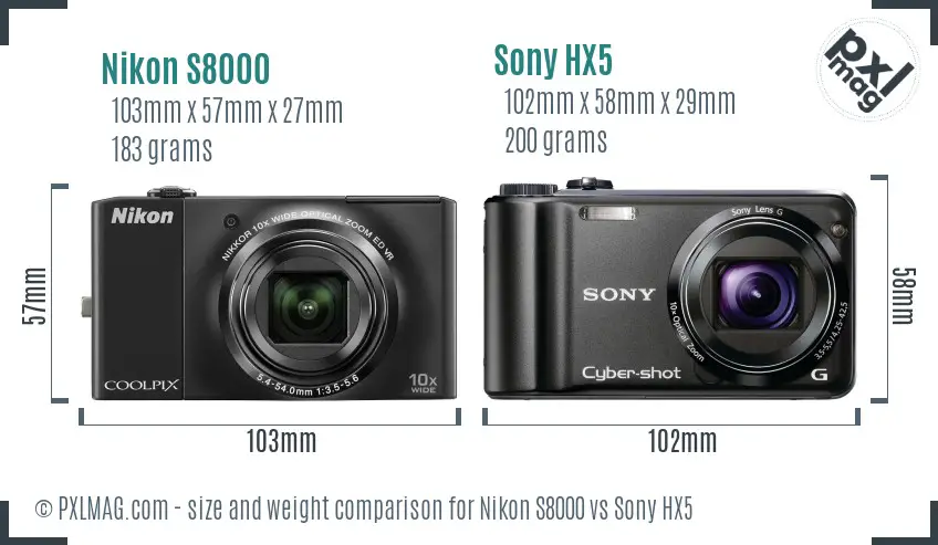 Nikon S8000 vs Sony HX5 size comparison Nikon S8000 vs Sony HX5 size comparison