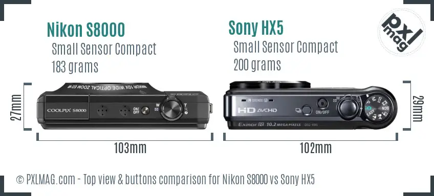 Nikon S8000 vs Sony HX5 top view buttons comparison Nikon S8000 vs Sony HX5 top view buttons comparison