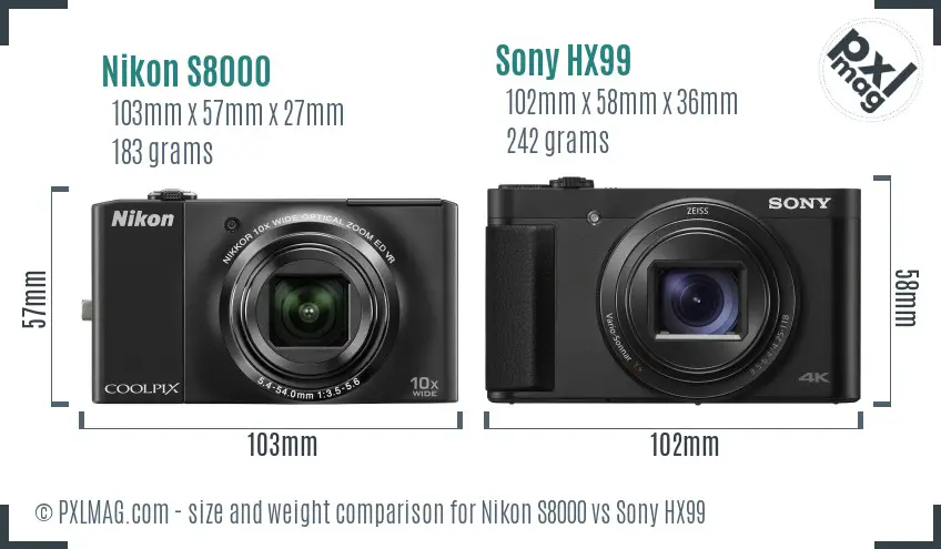 Nikon S8000 vs Sony HX99 size comparison