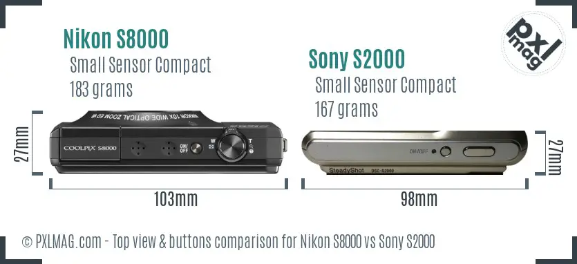 Nikon S8000 vs Sony S2000 top view buttons comparison Nikon S8000 vs Sony S2000 top view buttons comparison