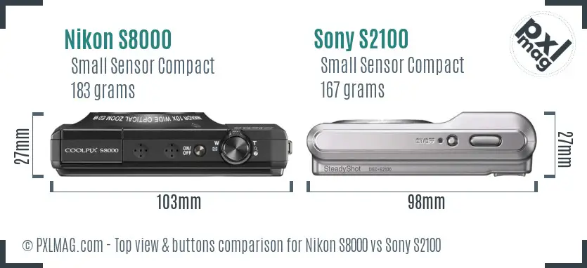 Nikon S8000 vs Sony S2100 top view buttons comparison Nikon S8000 vs Sony S2100 top view buttons comparison