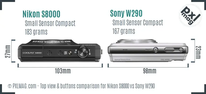 Nikon S8000 vs Sony W290 top view buttons comparison