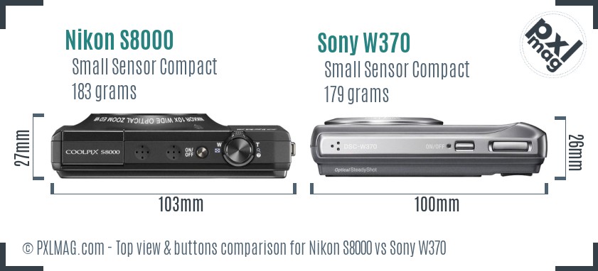 Nikon S8000 vs Sony W370 top view buttons comparison