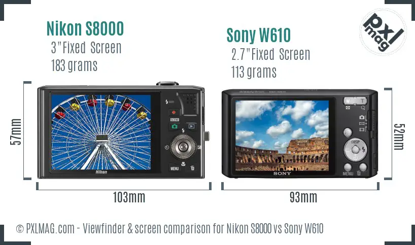 Nikon S8000 vs Sony W610 Screen and Viewfinder comparison