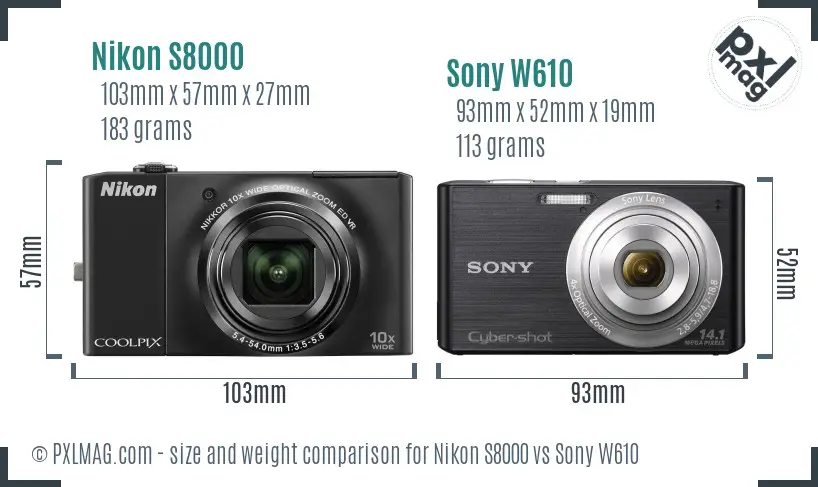Nikon S8000 vs Sony W610 size comparison