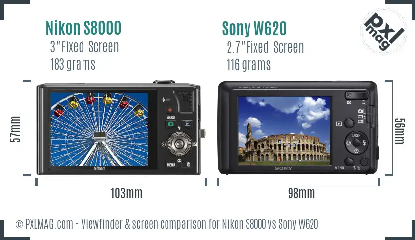 Nikon S8000 vs Sony W620 Screen and Viewfinder comparison