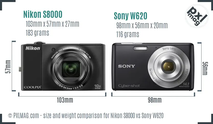 Nikon S8000 vs Sony W620 size comparison