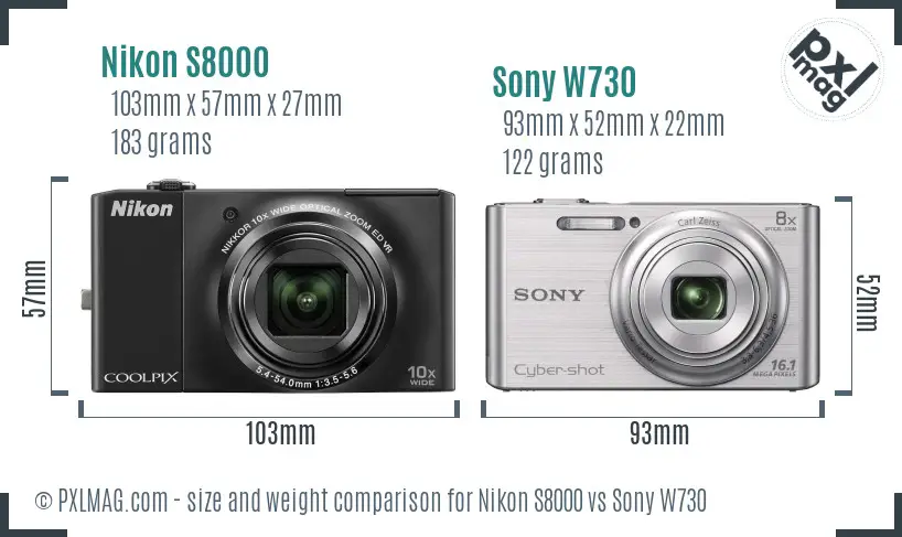 Nikon S8000 vs Sony W730 size comparison