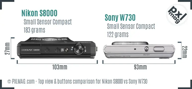 Nikon S8000 vs Sony W730 top view buttons comparison