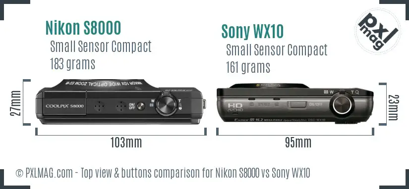 Nikon S8000 vs Sony WX10 top view buttons comparison
