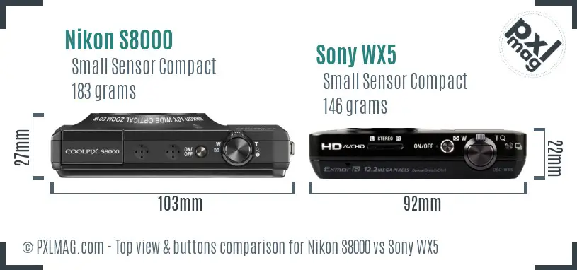 Nikon S8000 vs Sony WX5 top view buttons comparison
