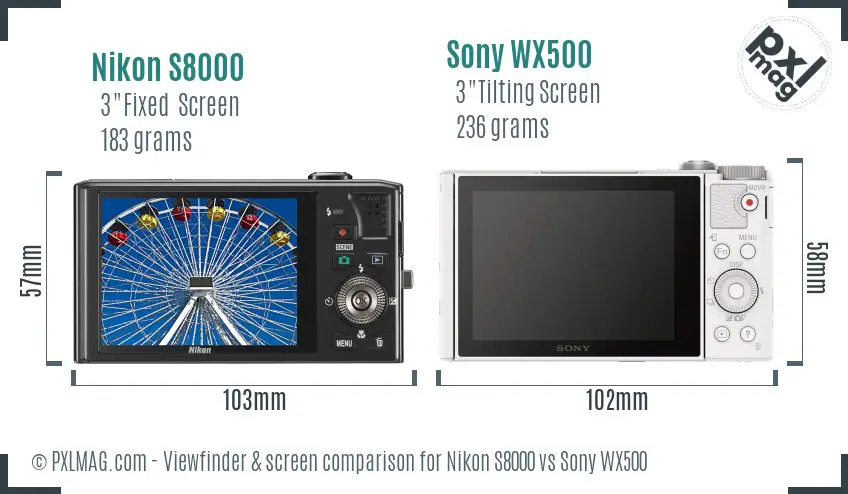 Nikon S8000 vs Sony WX500 Screen and Viewfinder comparison