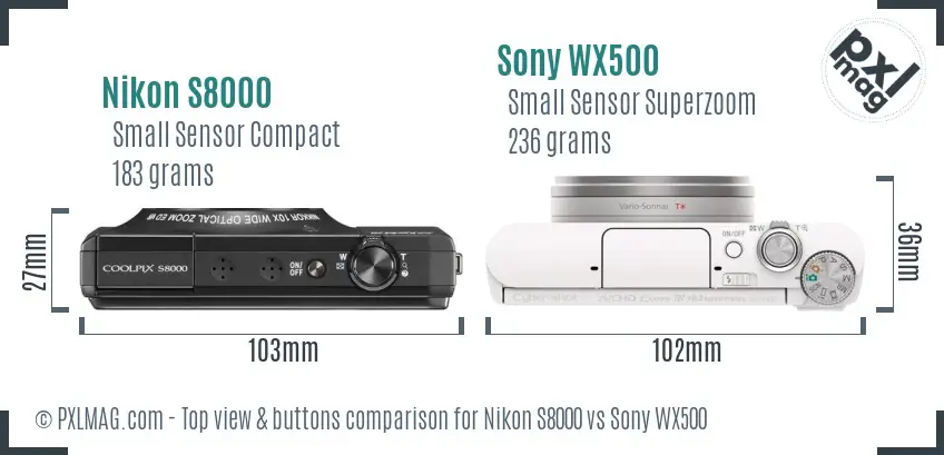 Nikon S8000 vs Sony WX500 top view buttons comparison