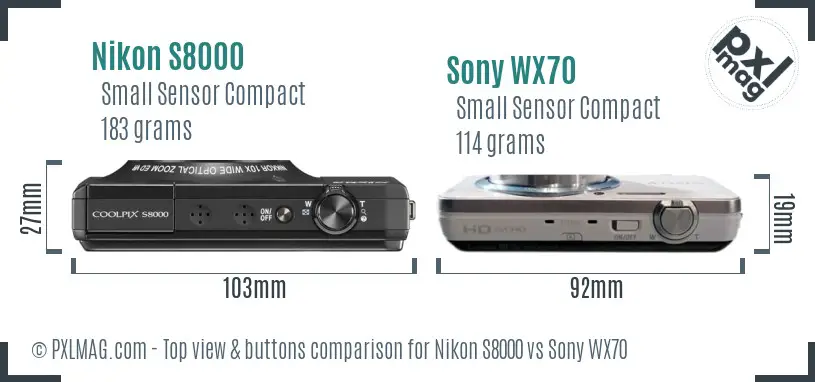 Nikon S8000 vs Sony WX70 top view buttons comparison