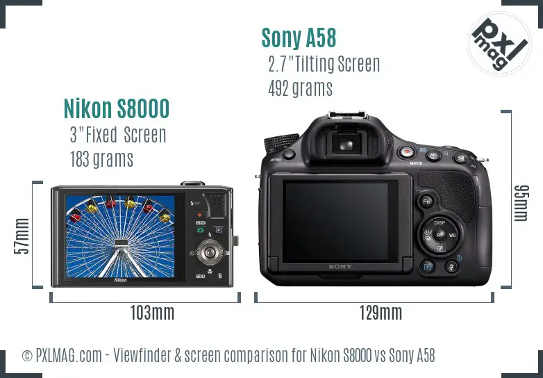Nikon S8000 vs Sony A58 Screen and Viewfinder comparison