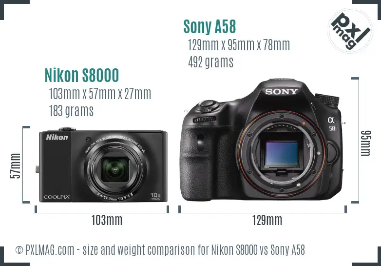 Nikon S8000 vs Sony A58 size comparison