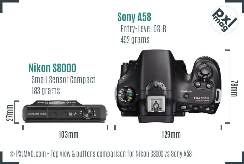 Nikon S8000 vs Sony A58 top view buttons comparison
