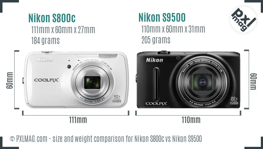 Nikon S800c vs Nikon S9500 size comparison
