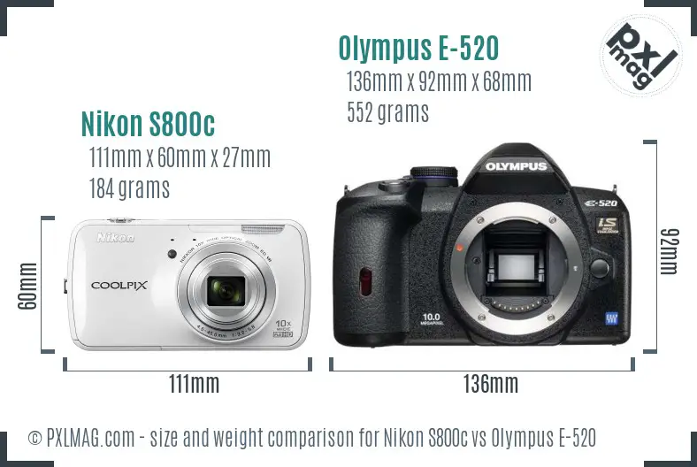 Nikon S800c vs Olympus E-520 size comparison