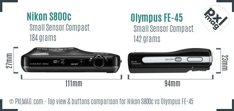 Nikon S800c vs Olympus FE-45 top view buttons comparison Nikon S800c vs Olympus FE-45 top view buttons comparison