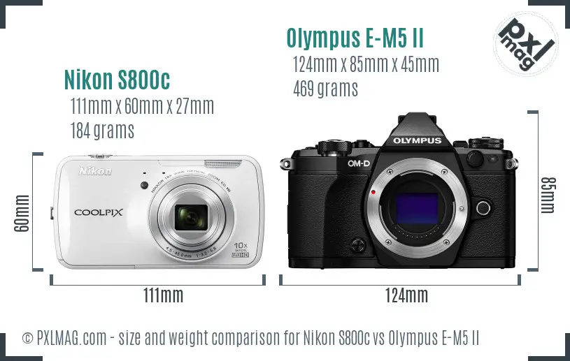 Nikon S800c vs Olympus E-M5 II size comparison