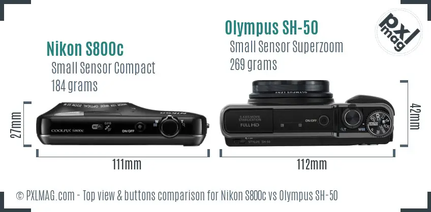 Nikon S800c vs Olympus SH-50 top view buttons comparison