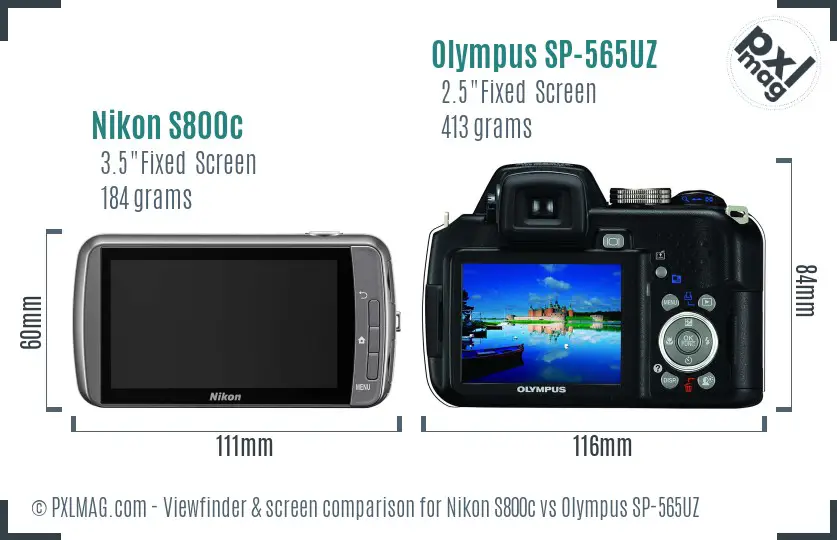 Nikon S800c vs Olympus SP-565UZ Screen and Viewfinder comparison