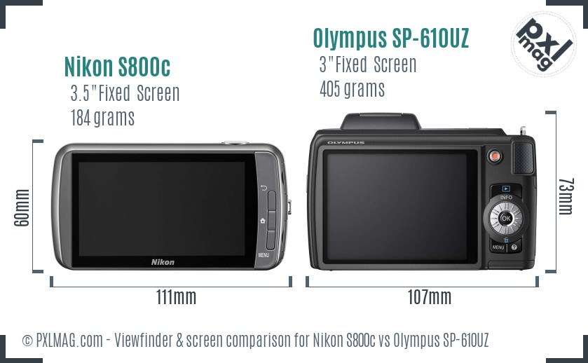 Nikon S800c vs Olympus SP-610UZ Screen and Viewfinder comparison