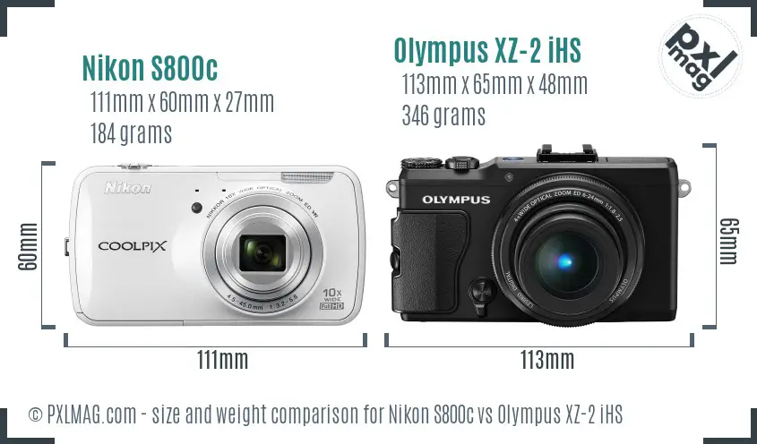 Nikon S800c vs Olympus XZ-2 iHS size comparison