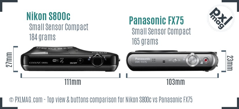 Nikon S800c vs Panasonic FX75 top view buttons comparison