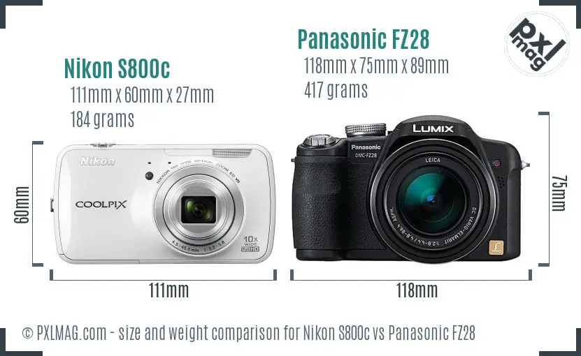 Nikon S800c vs Panasonic FZ28 size comparison Nikon S800c vs Panasonic FZ28 size comparison