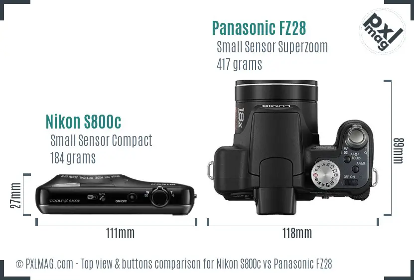Nikon S800c vs Panasonic FZ28 top view buttons comparison Nikon S800c vs Panasonic FZ28 top view buttons comparison