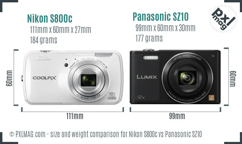 Nikon S800c vs Panasonic SZ10 size comparison