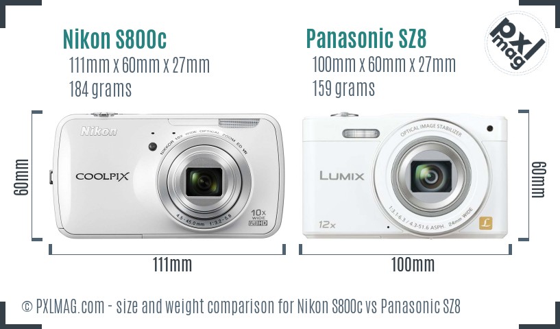 Nikon S800c vs Panasonic SZ8 size comparison