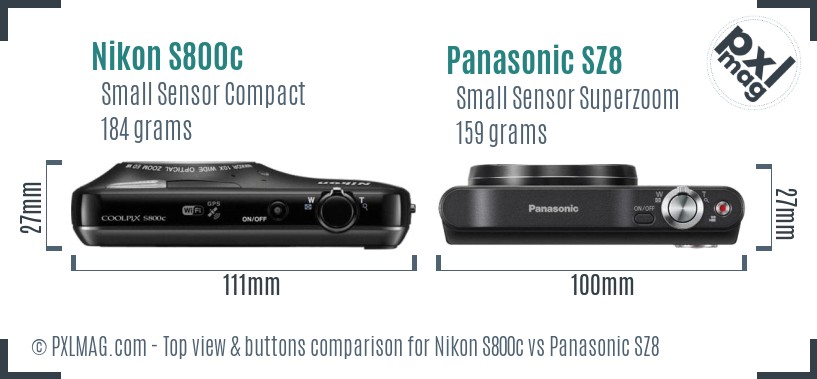 Nikon S800c vs Panasonic SZ8 top view buttons comparison