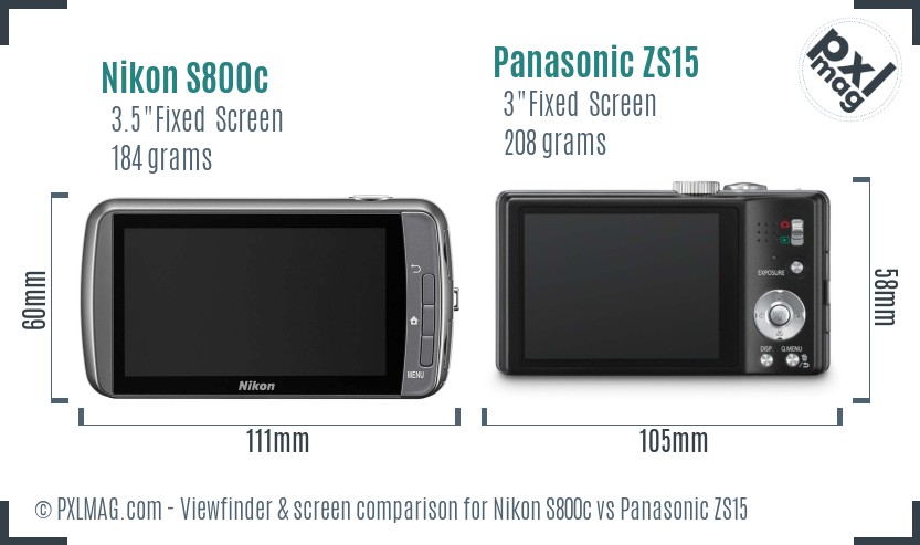 Nikon S800c vs Panasonic ZS15 Screen and Viewfinder comparison
