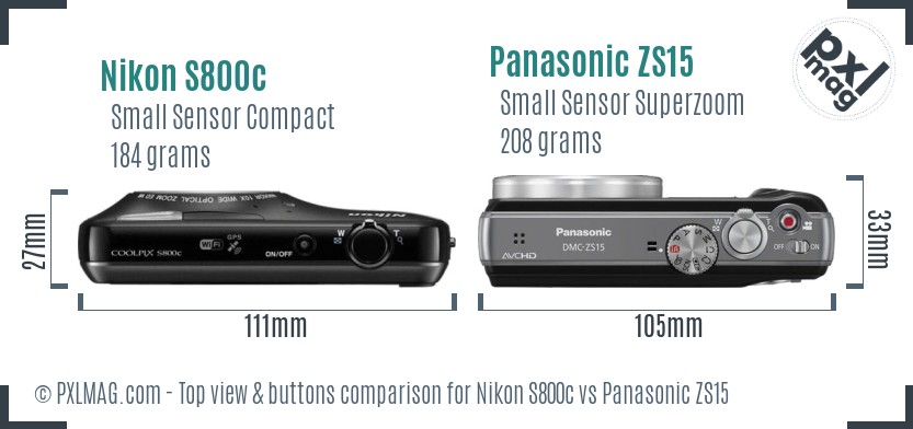 Nikon S800c vs Panasonic ZS15 top view buttons comparison