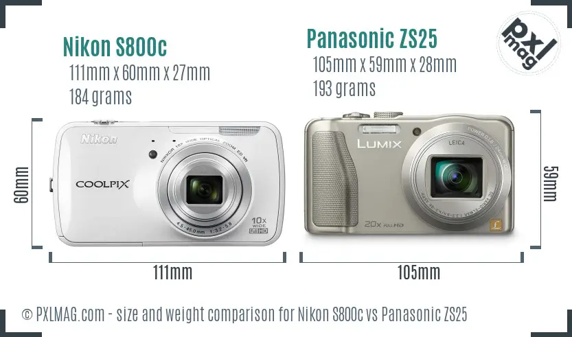 Nikon S800c vs Panasonic ZS25 size comparison