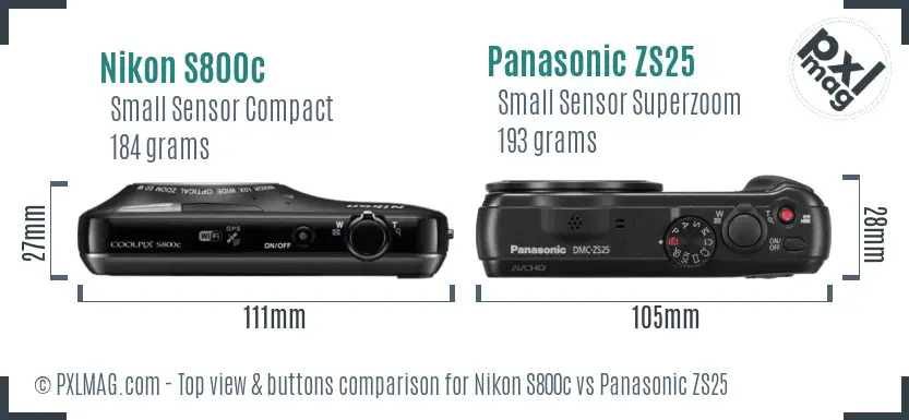 Nikon S800c vs Panasonic ZS25 top view buttons comparison