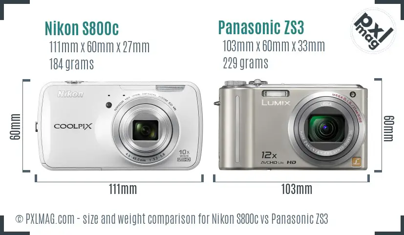 Nikon S800c vs Panasonic ZS3 size comparison