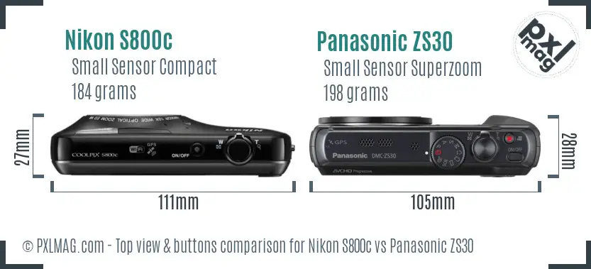 Nikon S800c vs Panasonic ZS30 top view buttons comparison Nikon S800c vs Panasonic ZS30 top view buttons comparison
