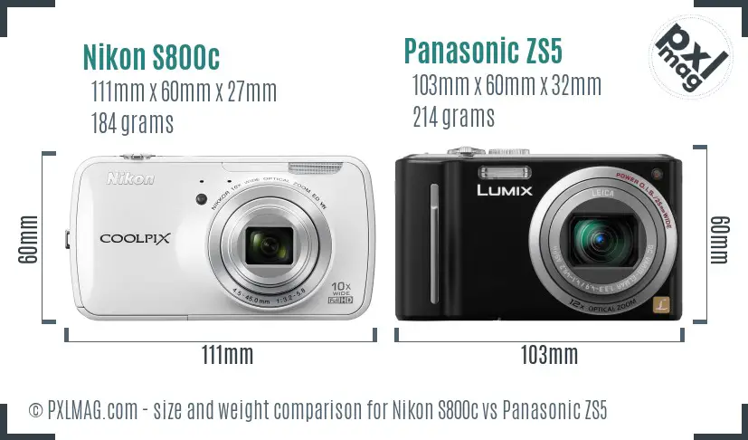 Nikon S800c vs Panasonic ZS5 size comparison
