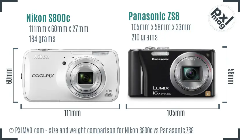 Nikon S800c vs Panasonic ZS8 size comparison