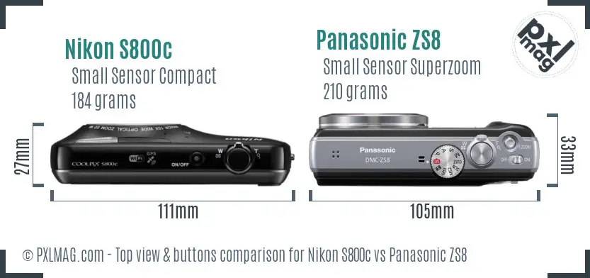 Nikon S800c vs Panasonic ZS8 top view buttons comparison