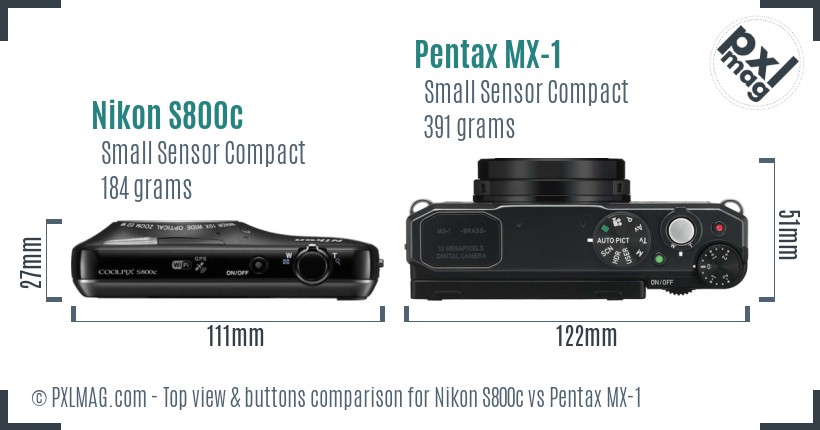 Nikon S800c vs Pentax MX-1 top view buttons comparison