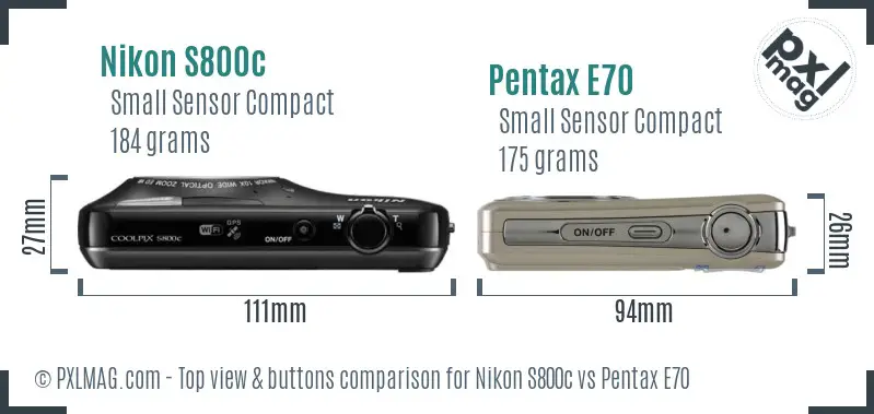 Nikon S800c vs Pentax E70 top view buttons comparison