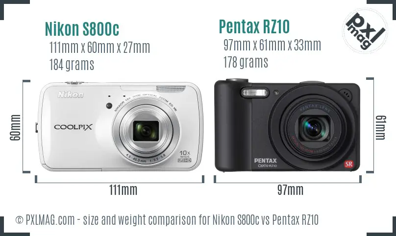 Nikon S800c vs Pentax RZ10 size comparison