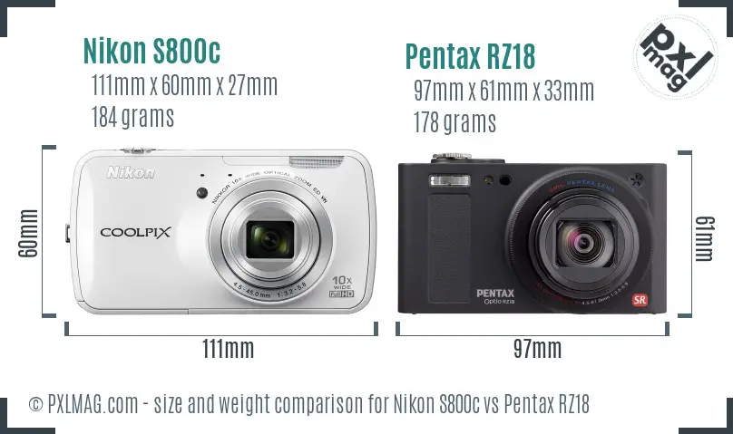 Nikon S800c vs Pentax RZ18 size comparison